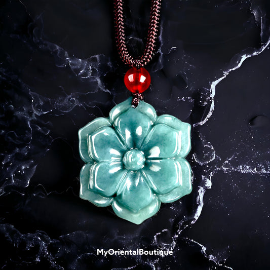 Lotus Authentic Green Jade Necklace Talisman Amulet: FREE SHIPPING