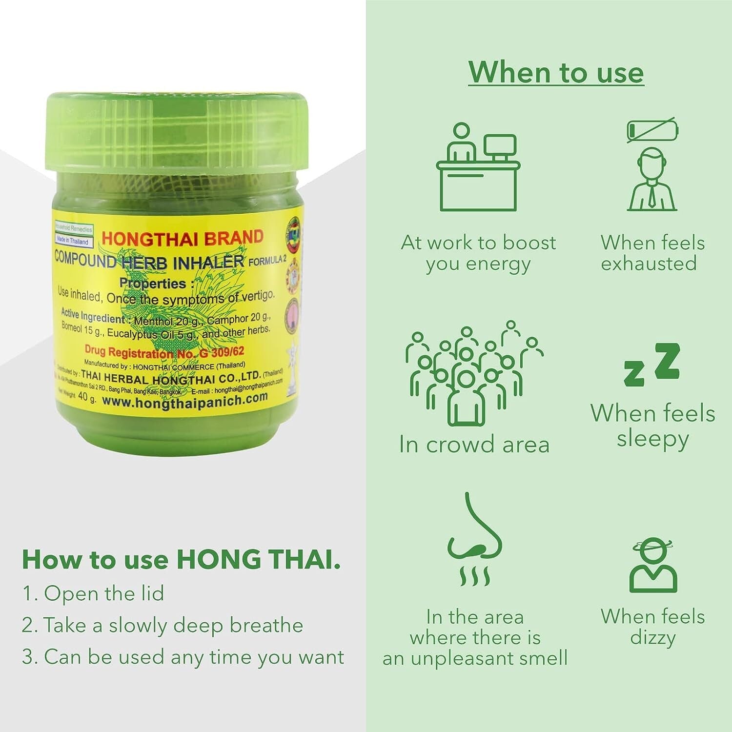 6X Hong Thai Nasal Balm Green Inhaler Set - Natural Aromatherapy for Respiratory Comfort Active
