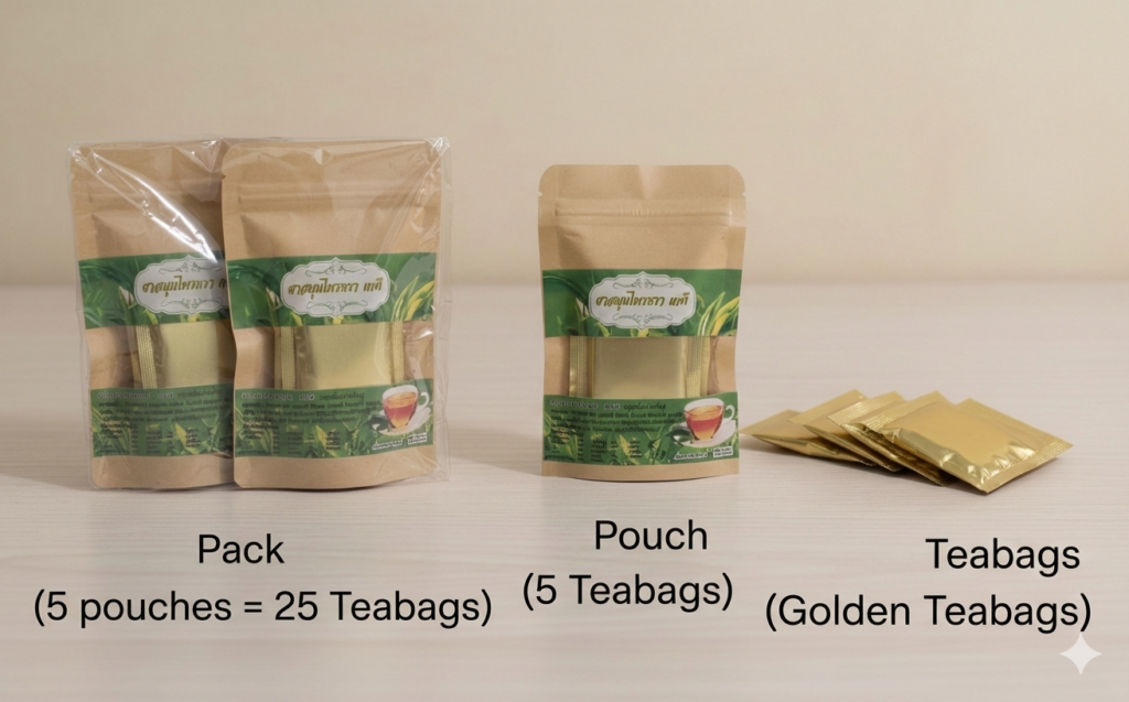 Tapee Tea packaging showing sealed pouch with 5 Golden teabags