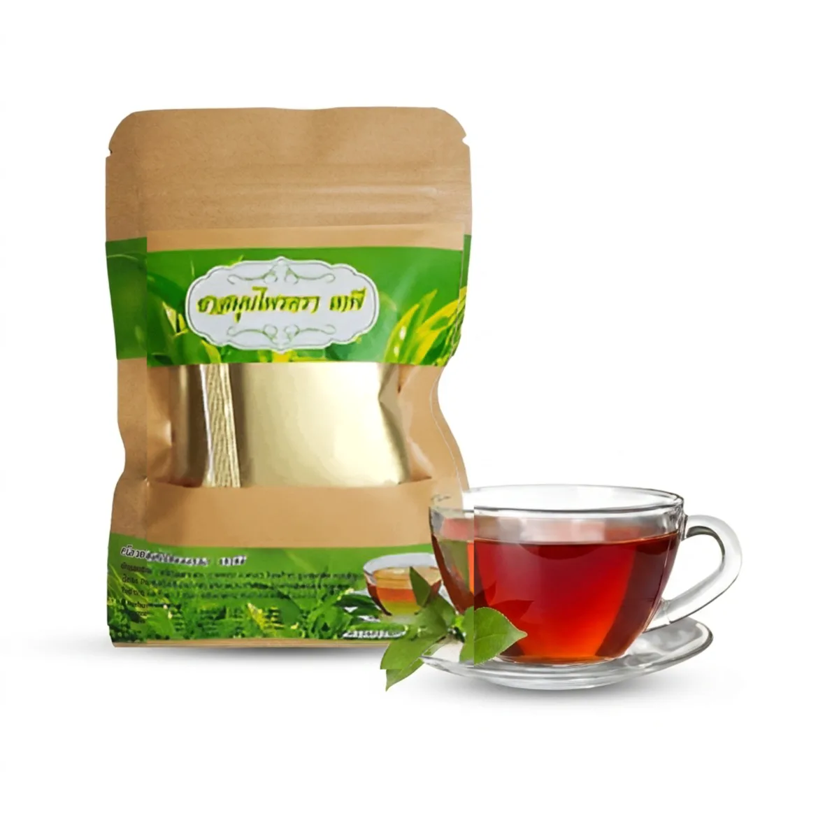 Thai Botanical Tea Bags | 15 Botanical Blend | Caffeine-Free | ArtisanThai 4 ArtisanThai Thai botanical tea bags: resealable kraft pouch with a gold-foil tea bag showing through the window, next to a brewed cup