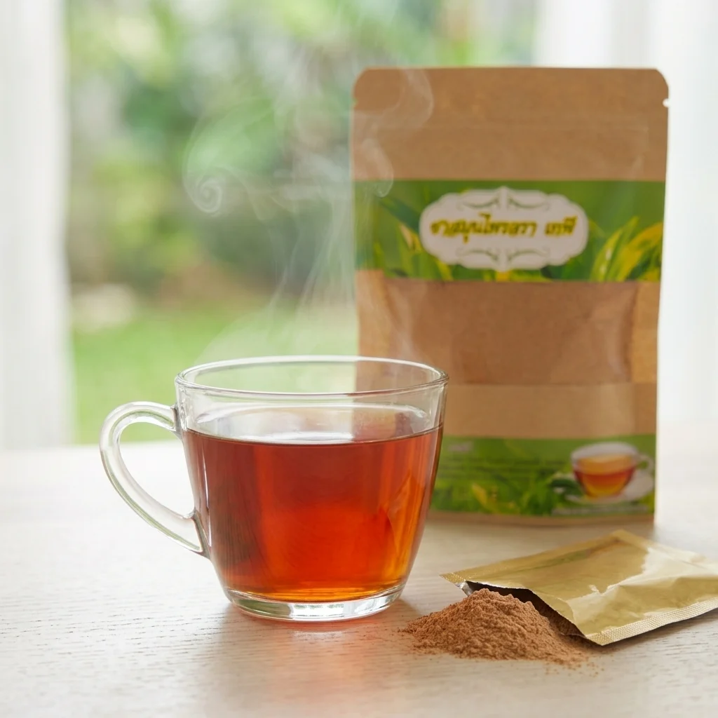 Thai Botanical Tea Bags | 15 Botanical Blend | Caffeine-Free | ArtisanThai 5 ArtisanThai Thai botanical tea freshly brewed in a glass cup, steam rising, an opened gold-foil sachet with a little of the finely ground blend beside it, kraft pouch behind