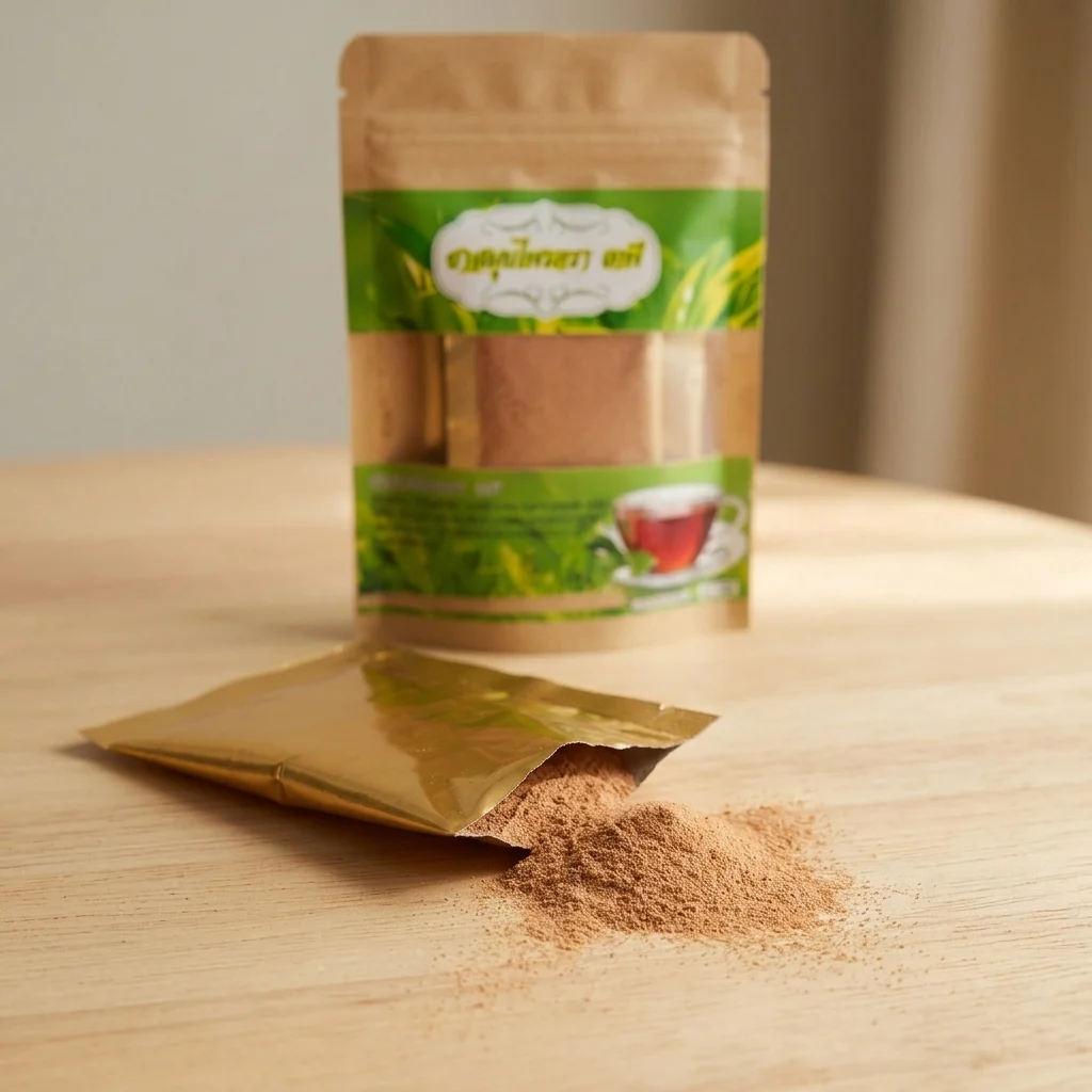 Thai Botanical Tea Bags | 15 Botanical Blend | Caffeine-Free | ArtisanThai 3 ArtisanThai Thai botanical tea: a plain gold-foil sachet torn open on a wooden table with the very finely ground fifteen-botanical blend spilling out loosely β a light reddish-brown powder β the kraft pouch standing behind