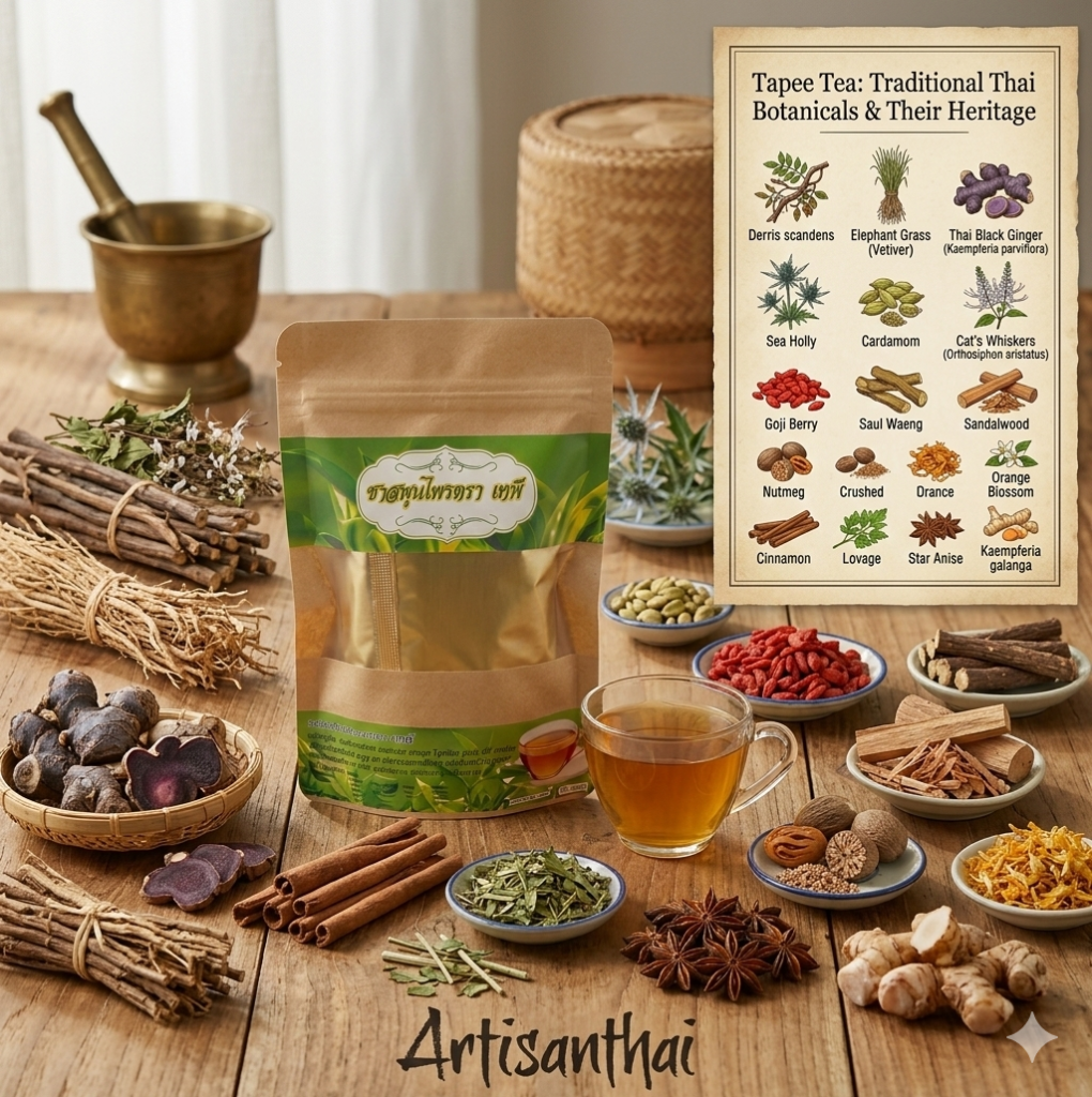 ArtisanThai Tapee Tea kraft-and-green pouch on a wooden table surrounded by loose Thai herbs and spices, with a poster listing each Tapee Tea botanical such as goji berry, sandalwood, cinnamon, and star anise.