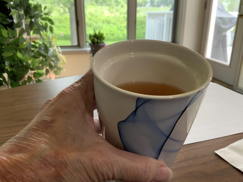 Hand holding a ceramic cup filled with Thai tea, set against a backdrop of greenery and natural light, emphasizing the cultural beverage associated with Thai cuisine and lifestyle.