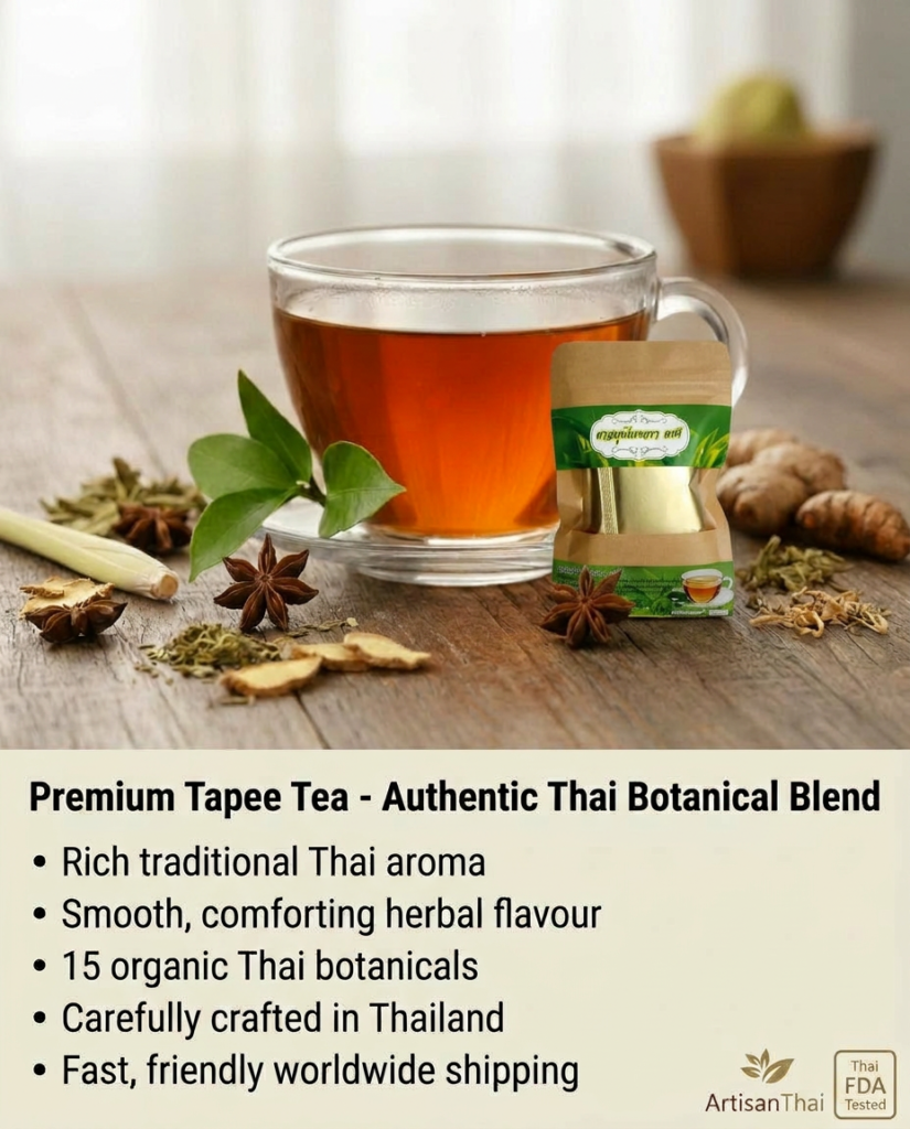Premium Tapee Tea authentic Thai herbal wellness blend with Thai FDA certification, 15 organic ingredients