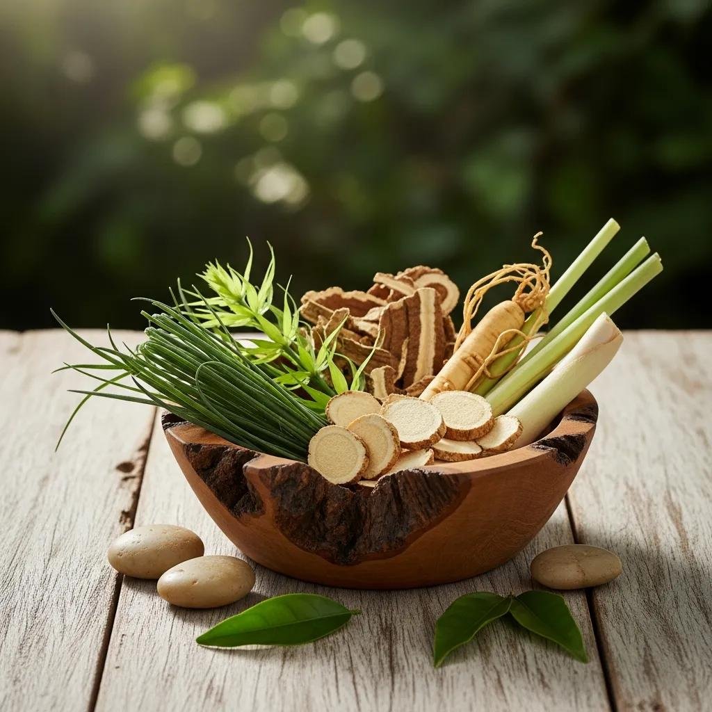 Exploring the Healing Power of Authentic Thai Teas 3 A collection of organic Thai herbs used in Tapee Tea, emphasizing their health benefits and the essence of Thai wellness