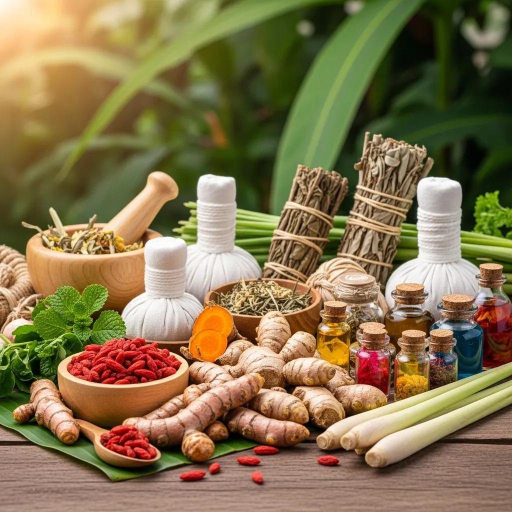 What Are the Benefits of Thai Herbal Remedies? 2 a colorful display of traditional thai herbs including turmeric ginger lemongrass and goji berries symbolizing health and wellness 967e10eb 2afb 466a 9d8d 27023071a13a