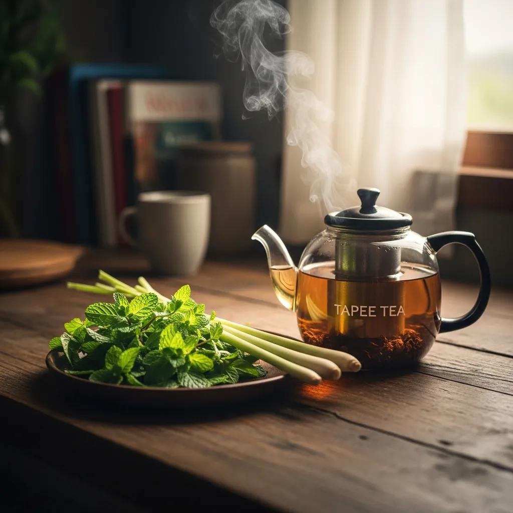 A cozy kitchen scene featuring Tapee Tea and fresh herbs, emphasizing digestive health and relaxation