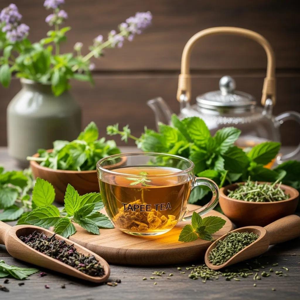 A cup of Tapee Tea with fresh herbs and natural ingredients on a rustic wooden background