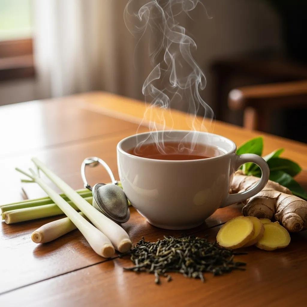 A cup of Tapee Tea with fresh herbs, highlighting its health benefits and wellness appeal
