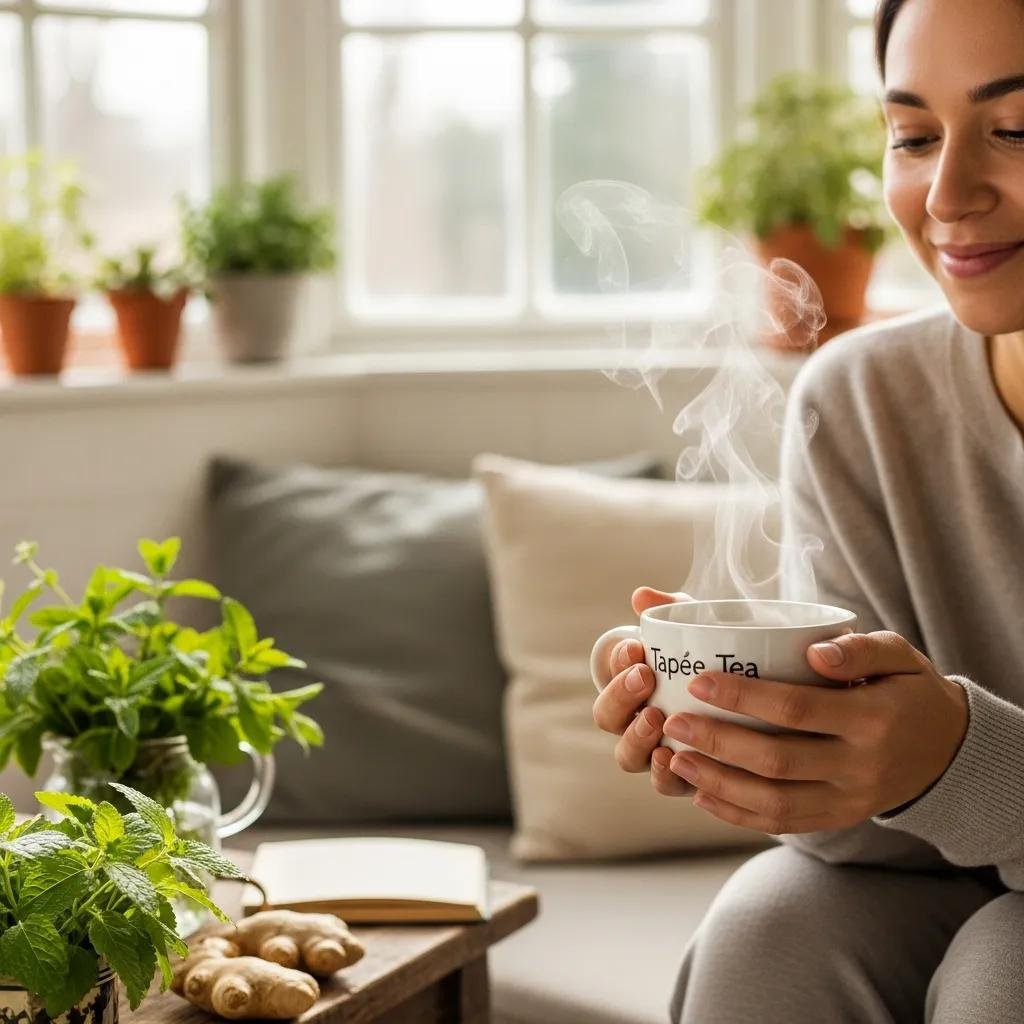 A person enjoying Tapee Tea in a serene setting, highlighting its health benefits and relaxation properties