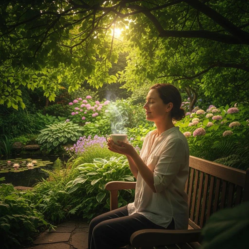 A person enjoying Tapee Tea in a tranquil garden, illustrating the health benefits and relaxation associated with authentic Tapee Tea.