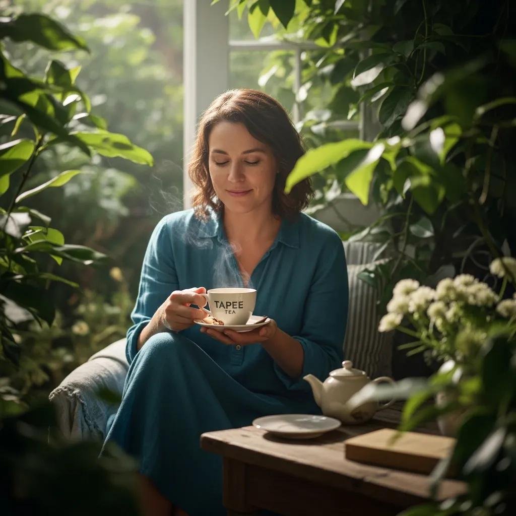 What Health Benefits Do Your Herbal Wellness Products Offer? 3 A person enjoying Tapee Tea in a tranquil setting, illustrating relaxation and stress relief