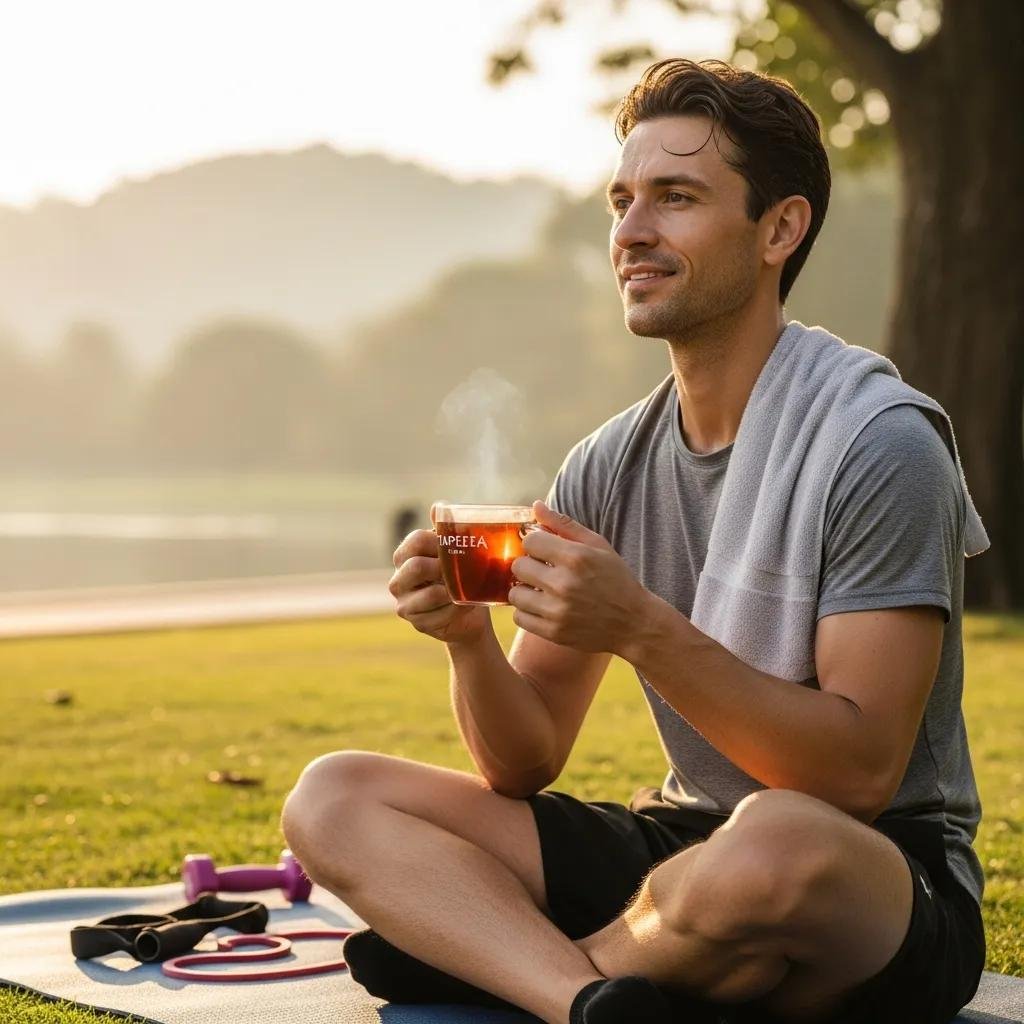 A person enjoying Tapee Tea outdoors, highlighting its benefits for joint comfort and inflammation reduction