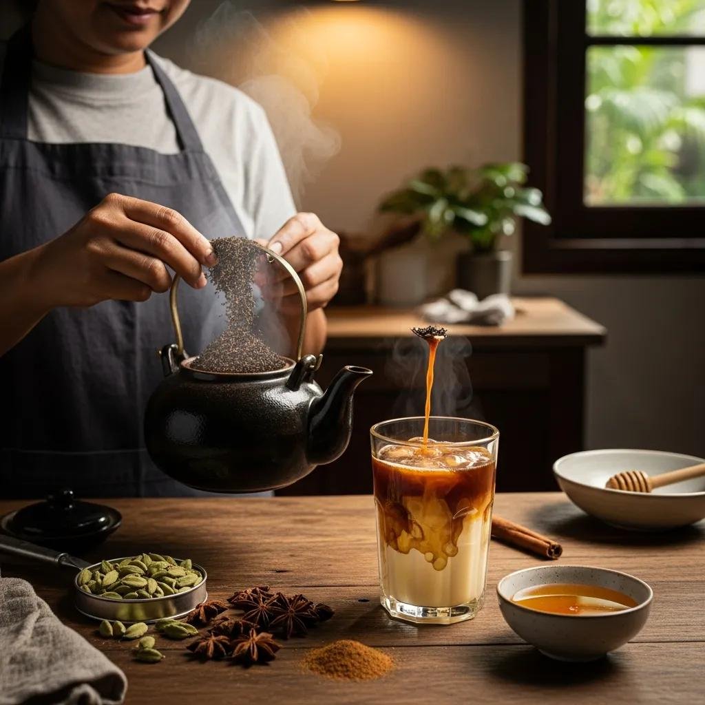 A person preparing authentic Thai tea with spices and sweeteners in a cozy kitchen setting, showcasing healthy recipes