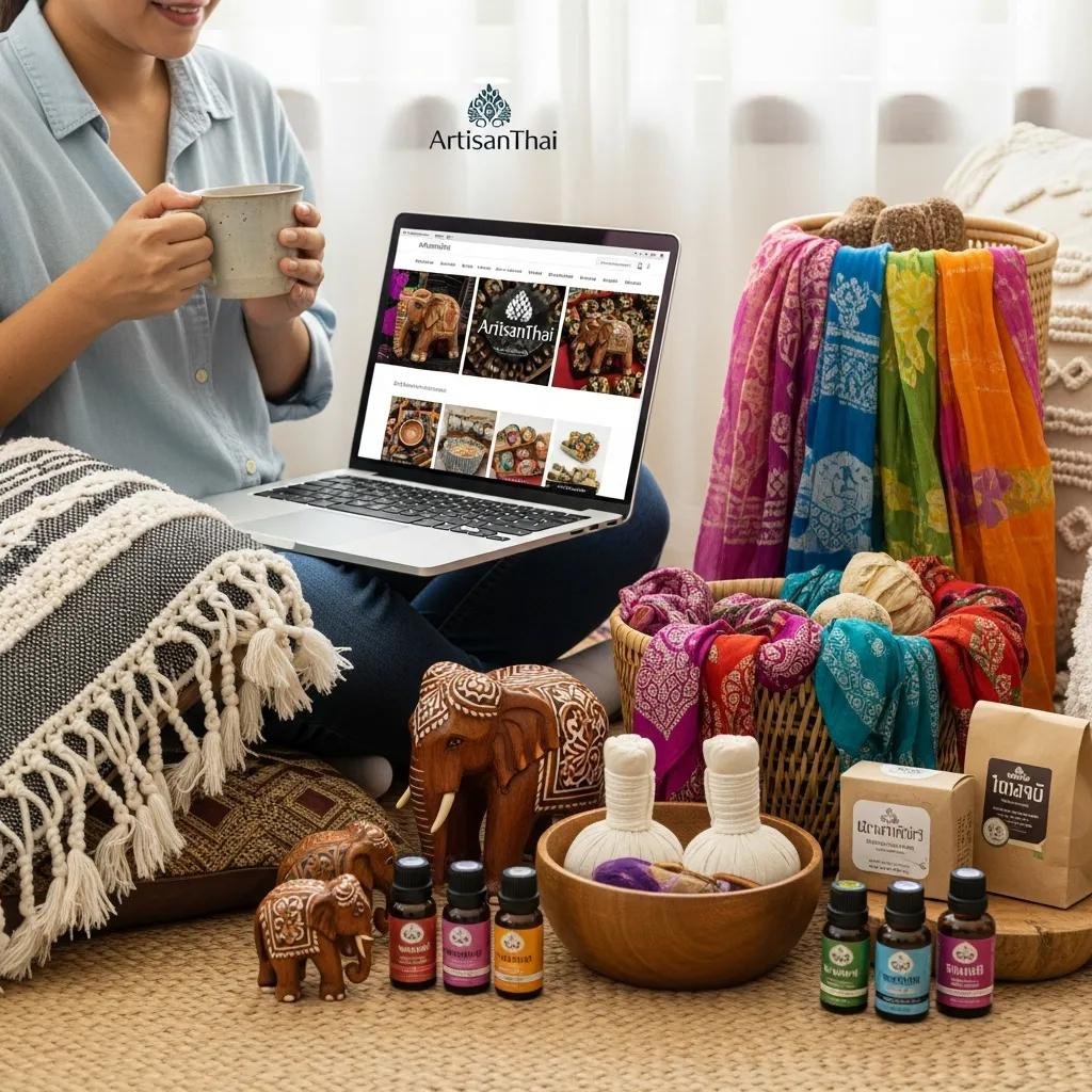 A satisfied customer shopping online for Thai handicrafts and wellness products