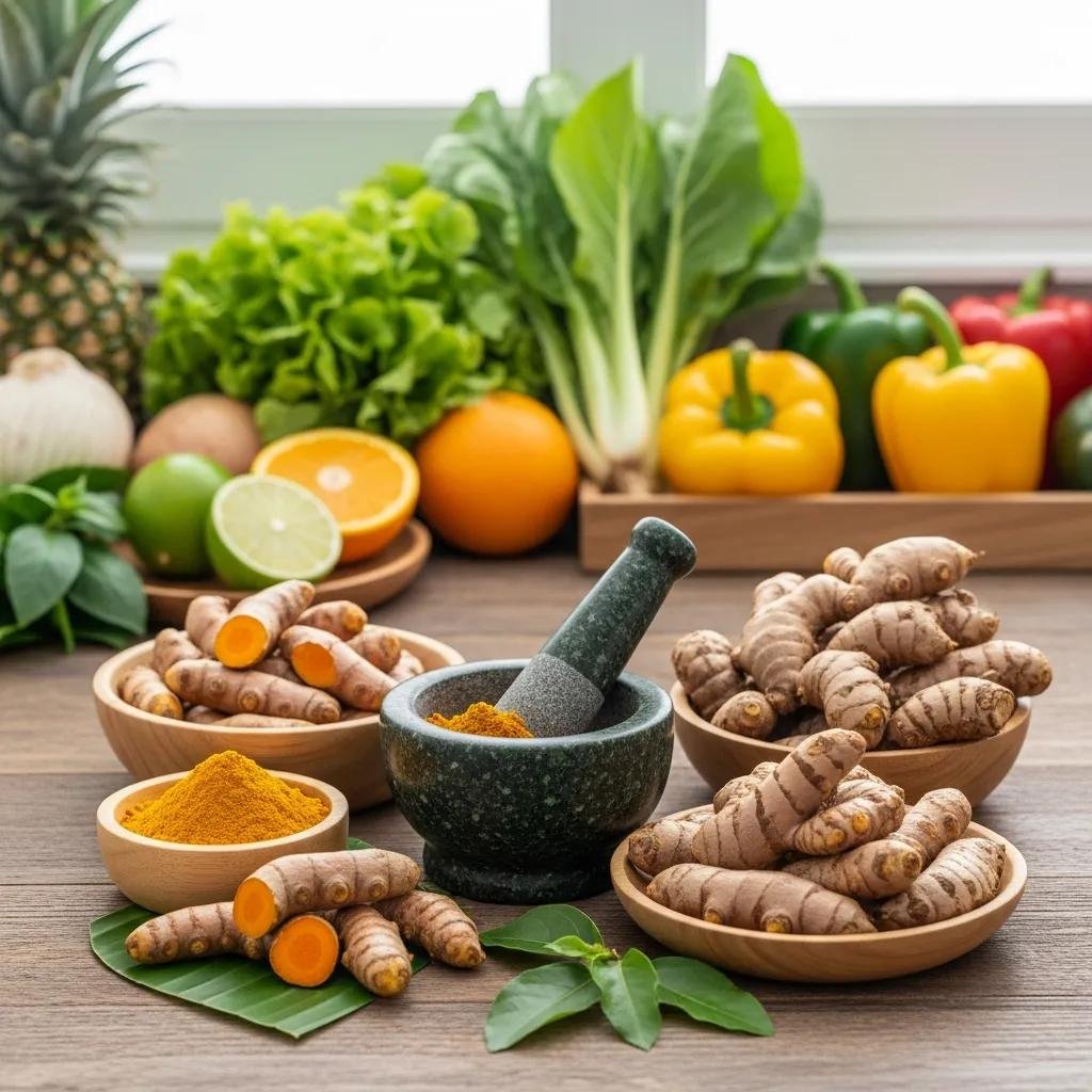 What Are the Benefits of Thai Herbal Remedies? 4 A selection of Thai herbs including turmeric and black ginger on a kitchen counter, symbolizing immunity and vitality