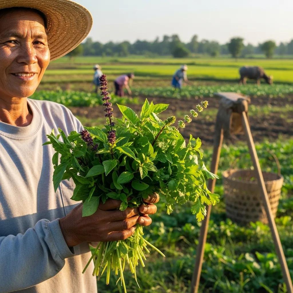 A smallholder farmer in Thailand holding freshly harvested herbs, surrounded by lush green fields, representing ethical sourcing