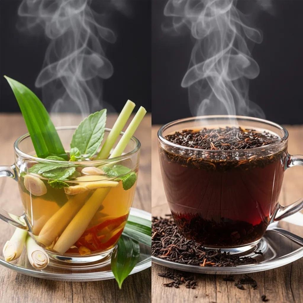 A split image of Thai herbal tea and black tea, illustrating their caffeine content differences