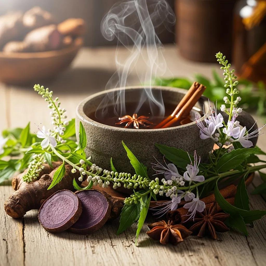 A steaming cup of Tapee Tea with Thai herbs, illustrating its health benefits and inviting atmosphere