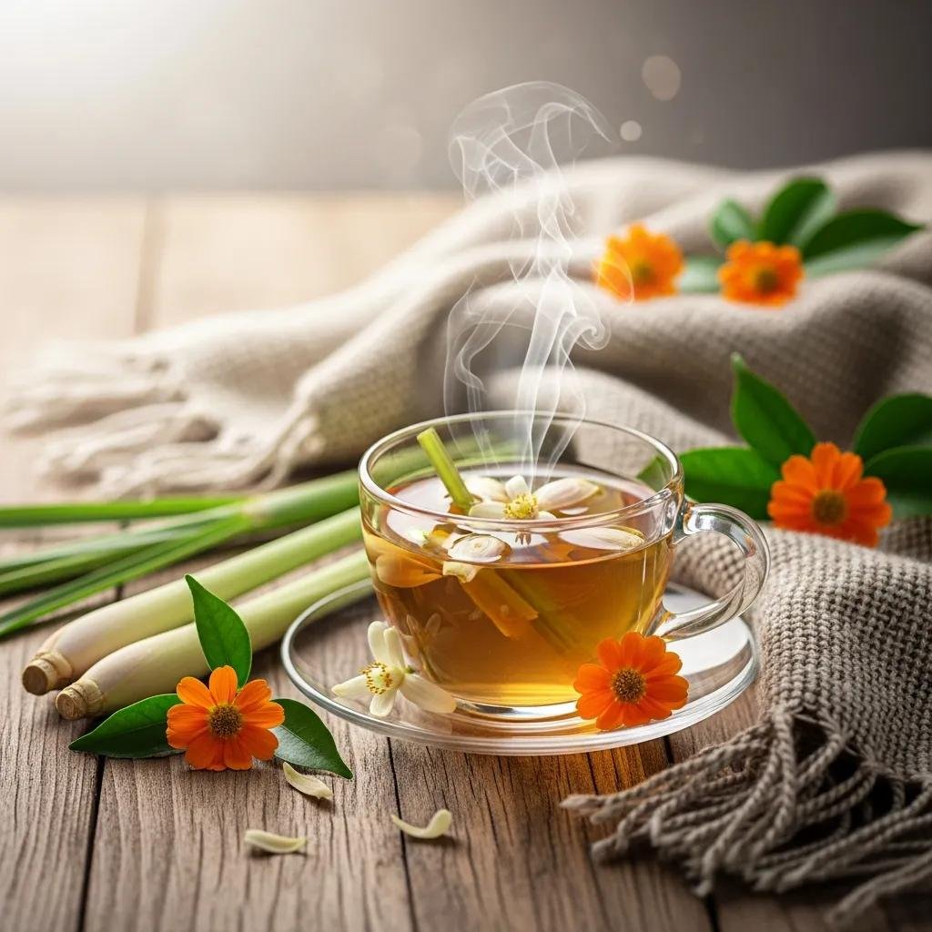 What Are the Benefits of Thai Herbal Remedies? 3 A steaming cup of Thai herbal tea with lemongrass and orange blossom, surrounded by fresh herbs, promoting relaxation and stress relief