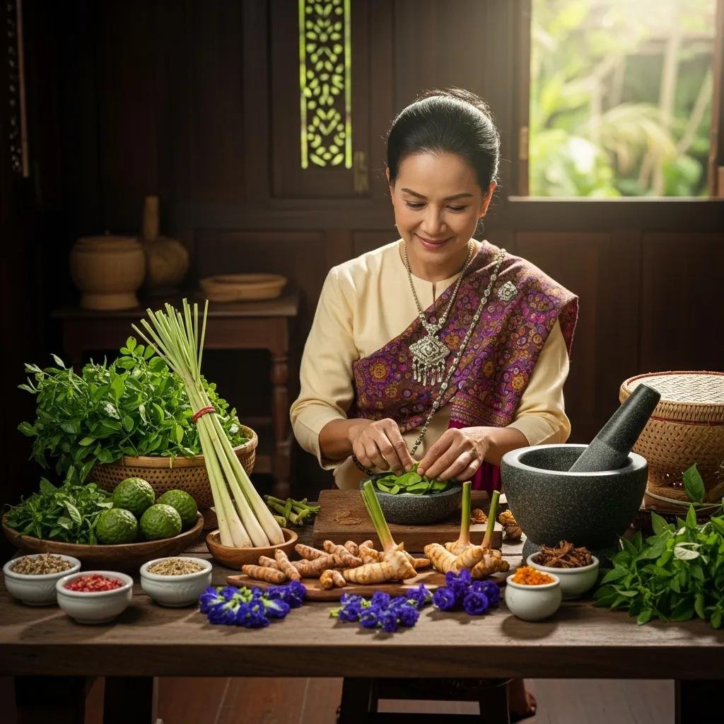 Exploring the Healing Power of Authentic Thai Teas 4 A traditional Thai herbalist preparing remedies with fresh herbs, illustrating the influence of herbal medicine on modern Thai teas