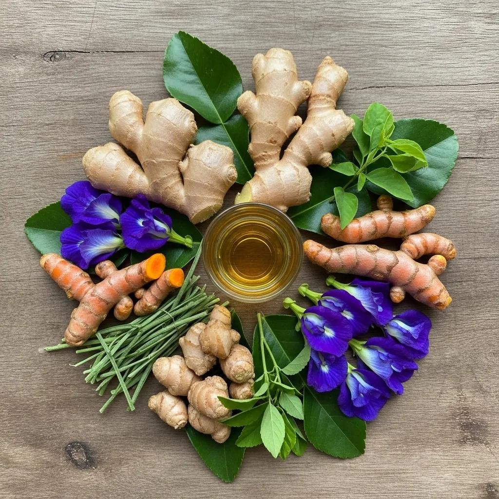 Why Switch to Thai Herbal Tea for Better Health 4 A variety of Thai herbs like ginger and turmeric arranged artistically, emphasizing their immune-boosting properties