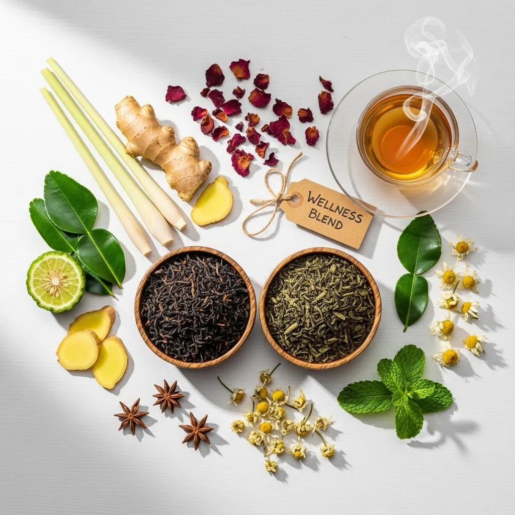 An arrangement of Thai herbs and regular tea leaves, showcasing their health benefits