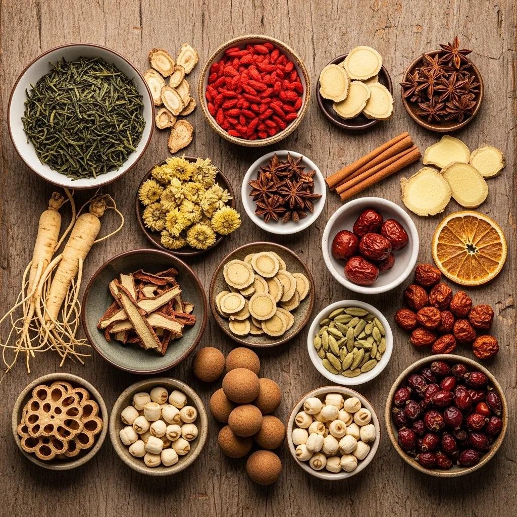 An artistic display of the 15 herbs in Tapee Tea, highlighting their natural colors and textures