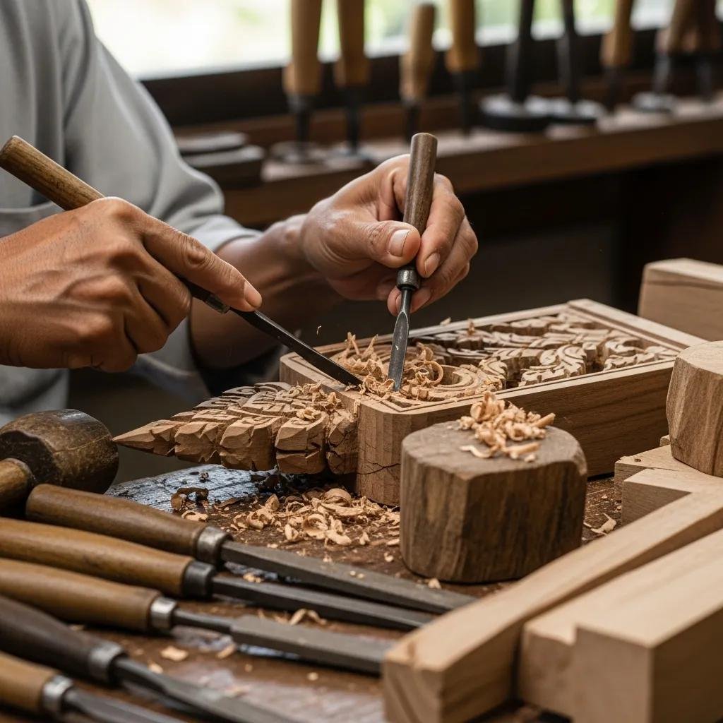 Thai Handicrafts vs. Mass-Produced Items: What's the Difference? 3 Artisan hand-carving a wooden item, highlighting traditional Thai craftsmanship and skill