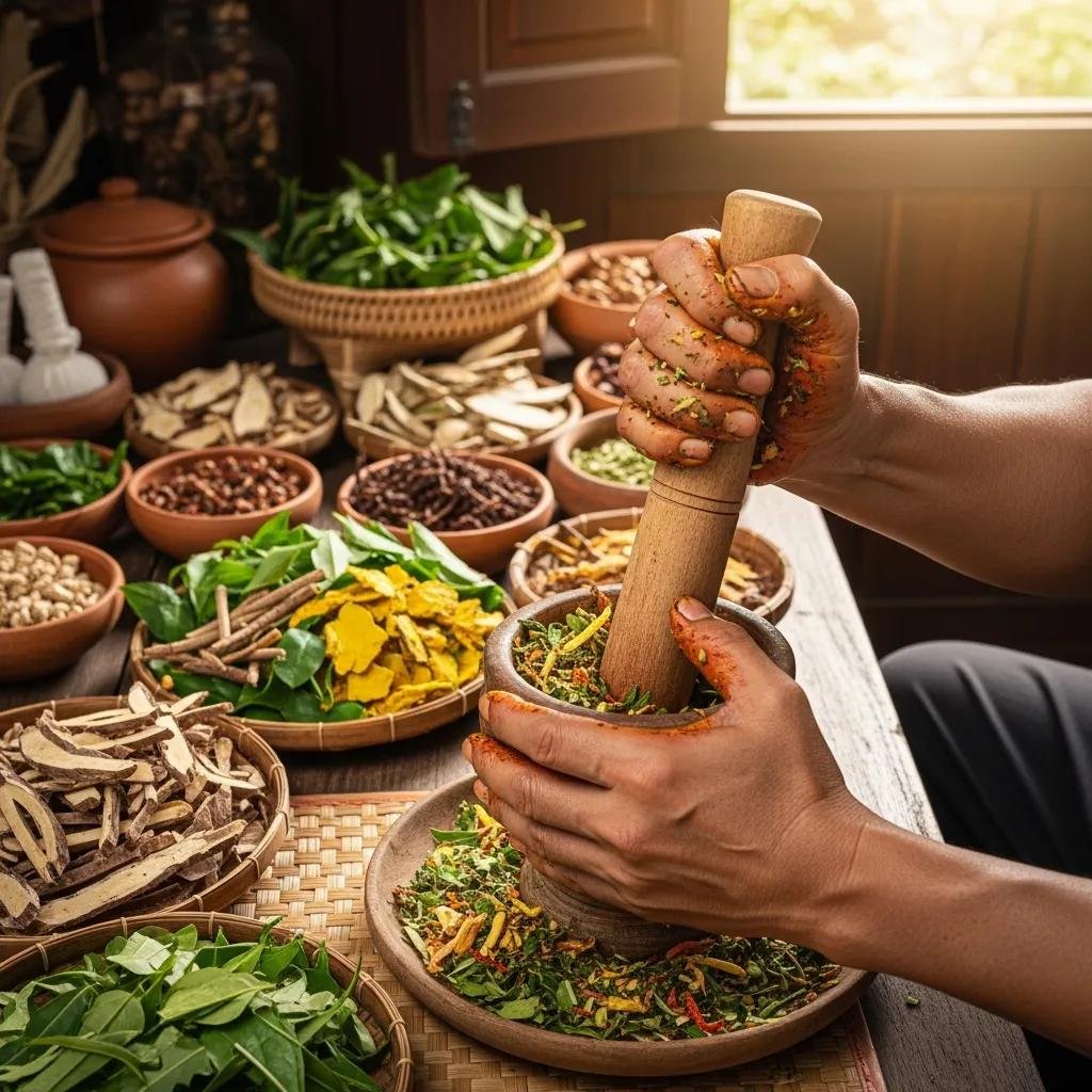 Artisan preparing traditional Thai herbal medicine with mortar and pestle surrounded by fresh herbs