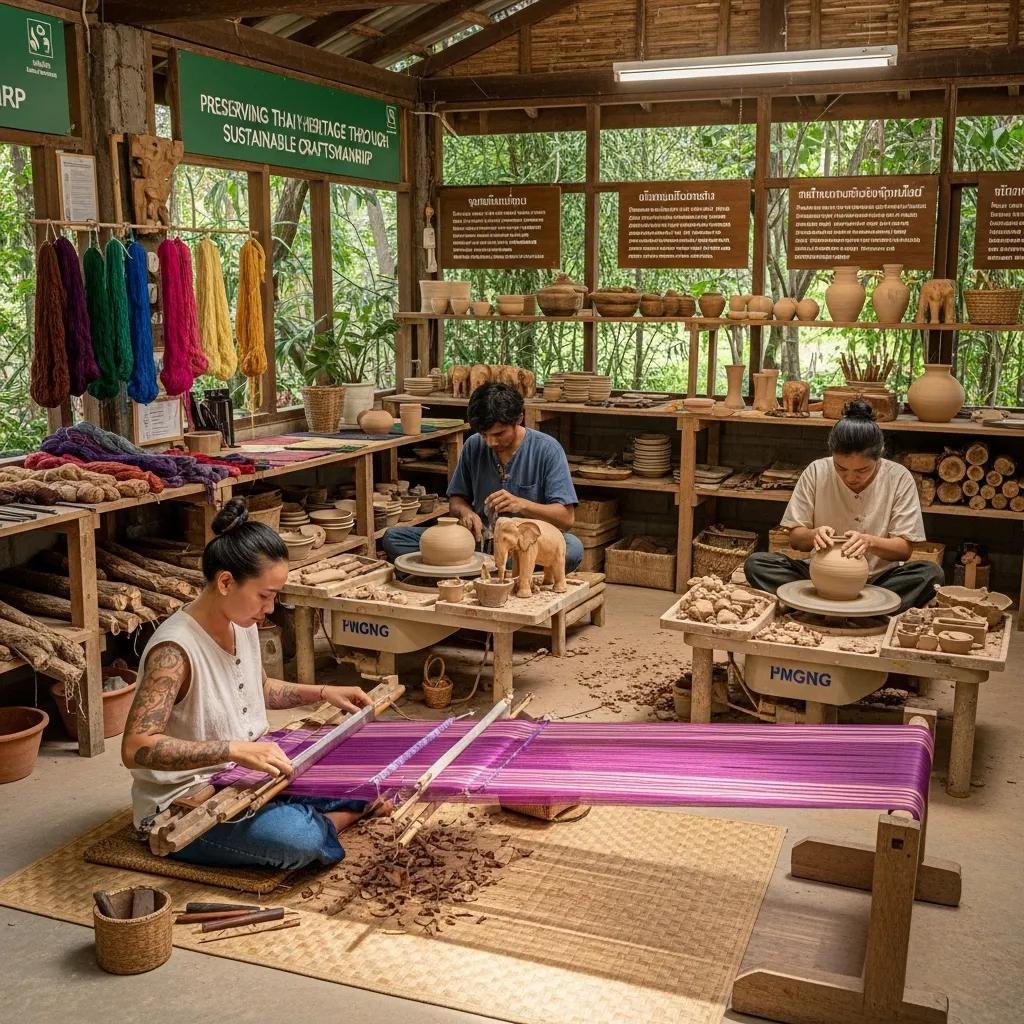 Artisans creating traditional Thai handicrafts, emphasizing sustainability and cultural preservation