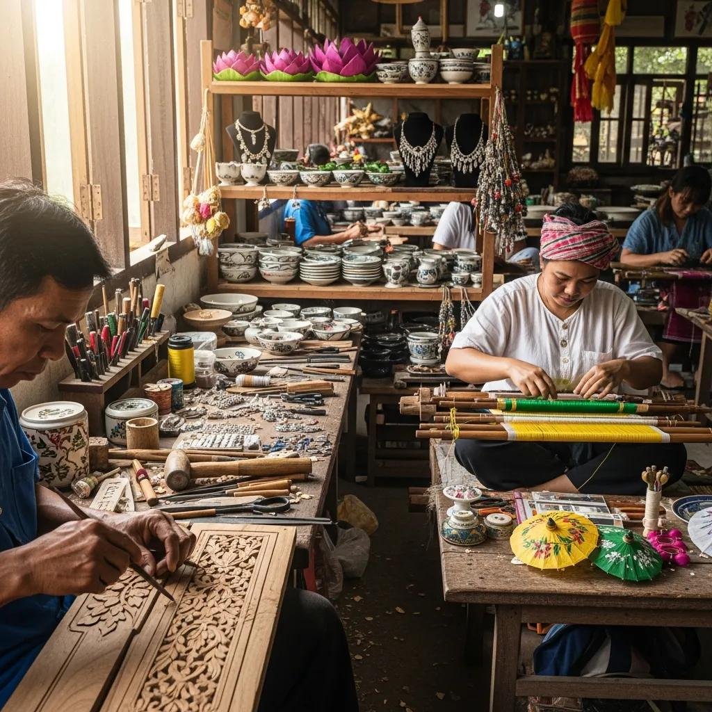 Artisans creating traditional Thai handicrafts in a workshop