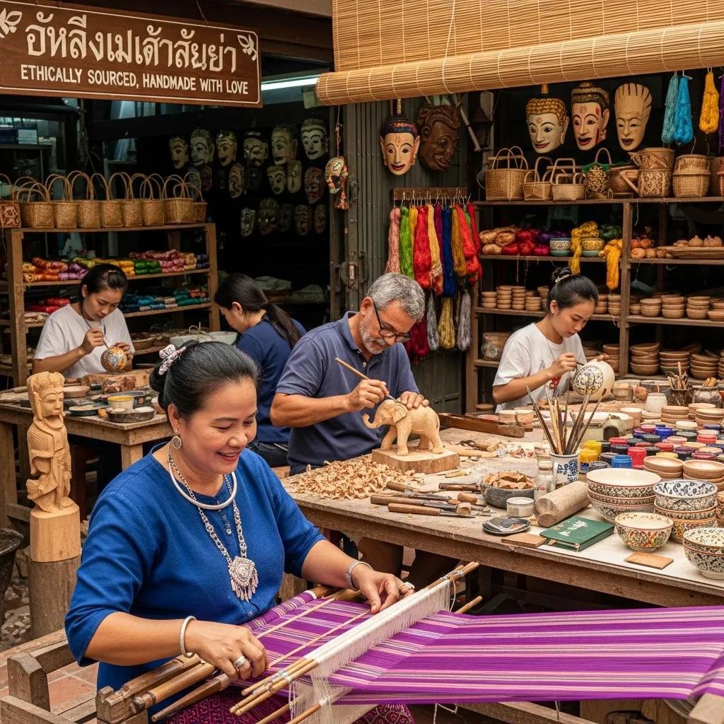 Artisans creating traditional Thai handicrafts, showcasing ethical sourcing and craftsmanship