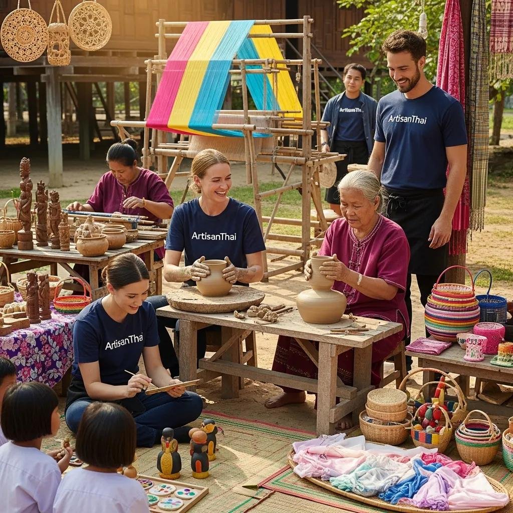 Join Our Team: Career Opportunities at ArtisanThai 4 ArtisanThai employees volunteering with local artisans in a Thai community