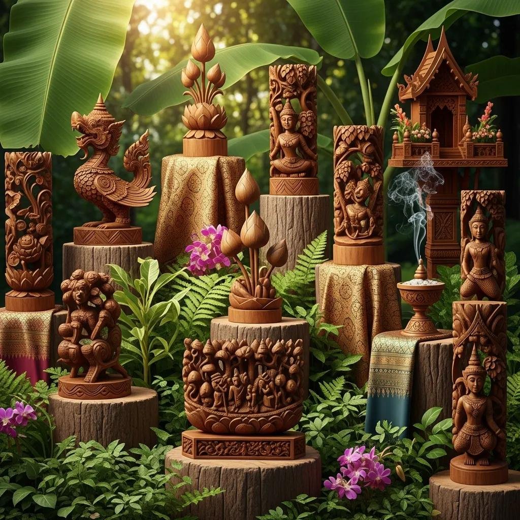 Artistic display of Thai wood carvings depicting nature and folklore, reflecting cultural significance