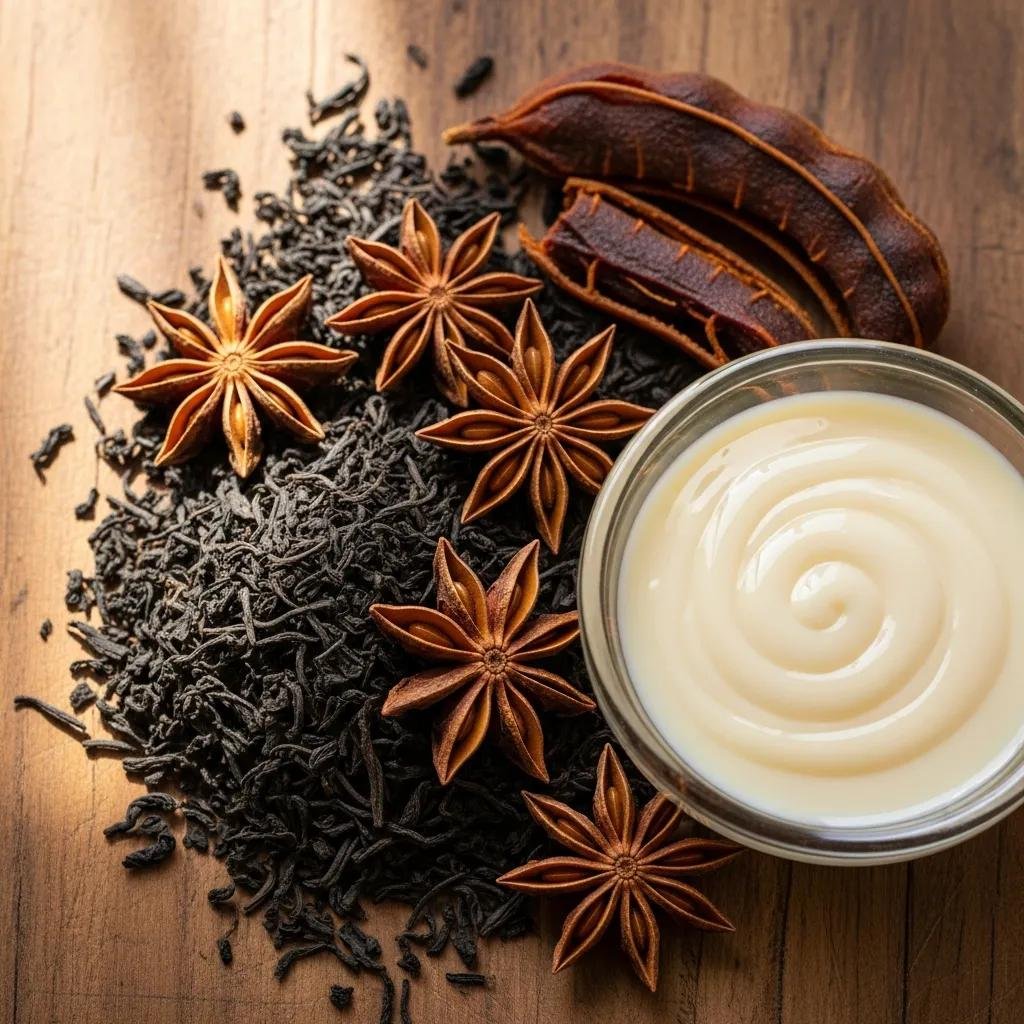 How to Select the Best Thai Tea for You 4 Authentic ingredients for Thai tea including black tea leaves, star anise, and condensed milk