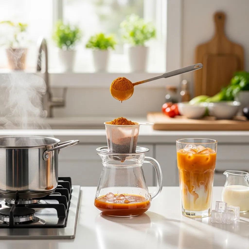 Brewing process of ChaTraMue iced tea with ingredients and equipment