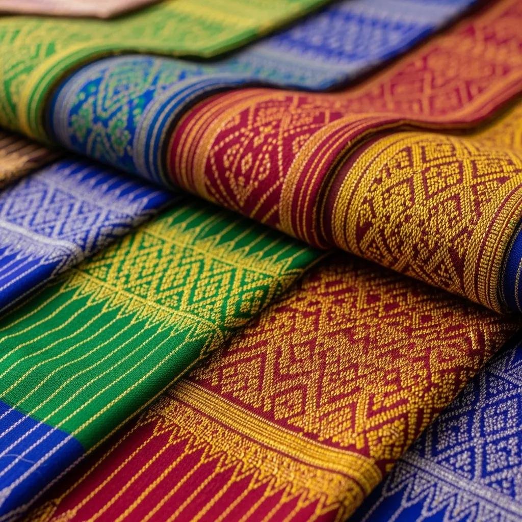 Close-up of handwoven Thai silk showcasing vibrant colors and intricate patterns