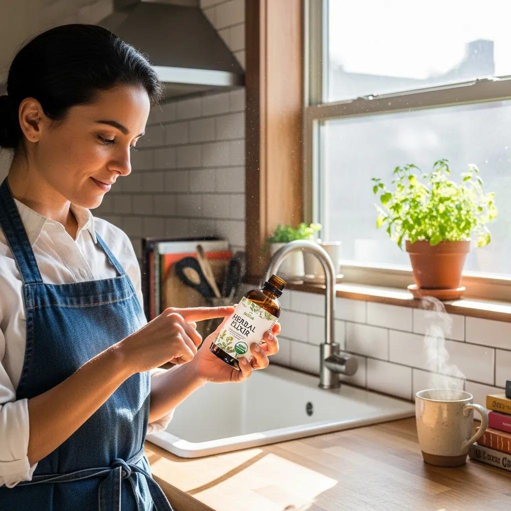 Consumer examining a herbal product label in a warm kitchen, highlighting the importance of checking Thai FDA certification