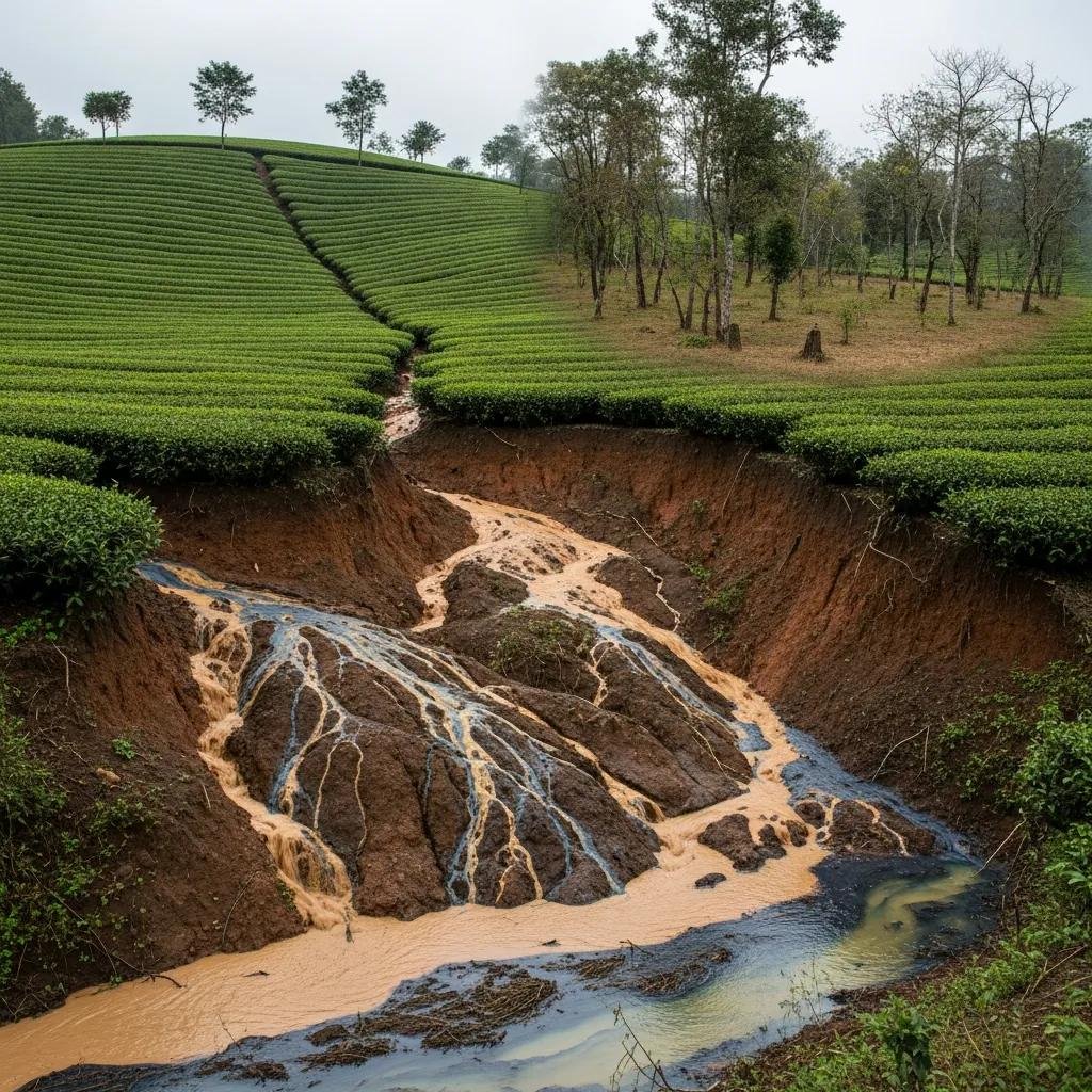 Conventional tea plantation showing soil erosion and lack of biodiversity