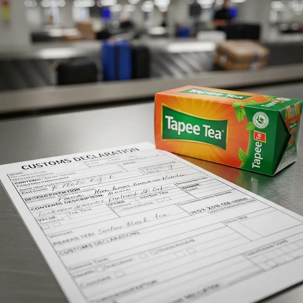 Customs declaration form and Tapee Tea package, highlighting customs duties and import taxes