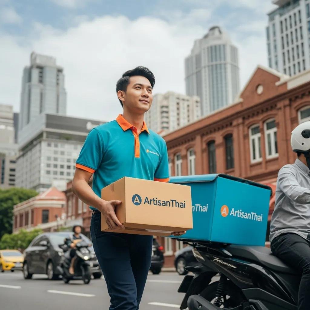 Delivery person with ArtisanThai package in an urban setting