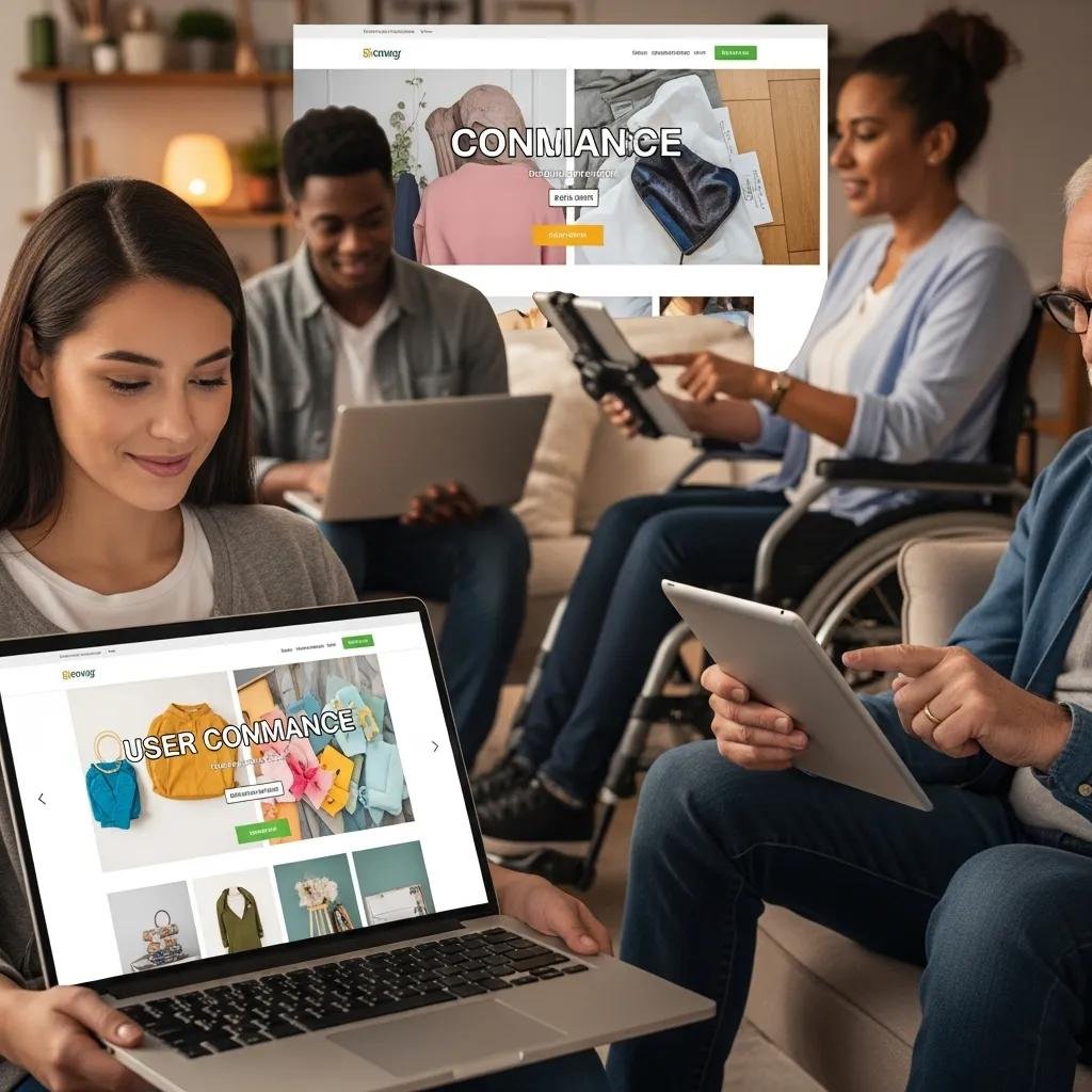 Diverse group of shoppers using devices to explore an inclusive online shopping experience