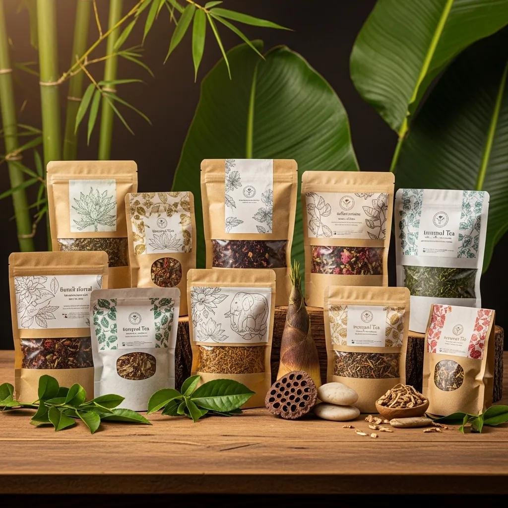 Eco-friendly packaging for Thai herbal teas, showcasing biodegradable materials and sustainable design