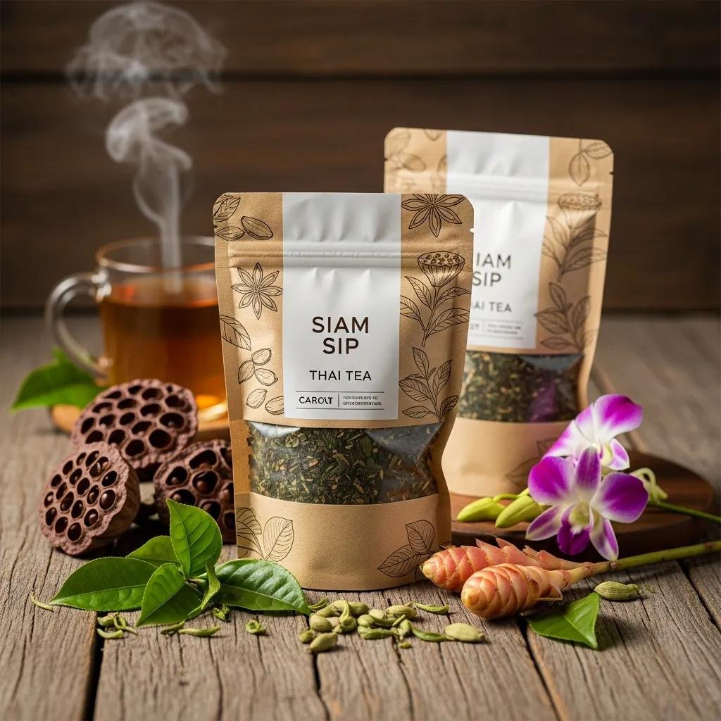Eco-friendly packaging for Thai tea surrounded by natural elements, highlighting sustainability