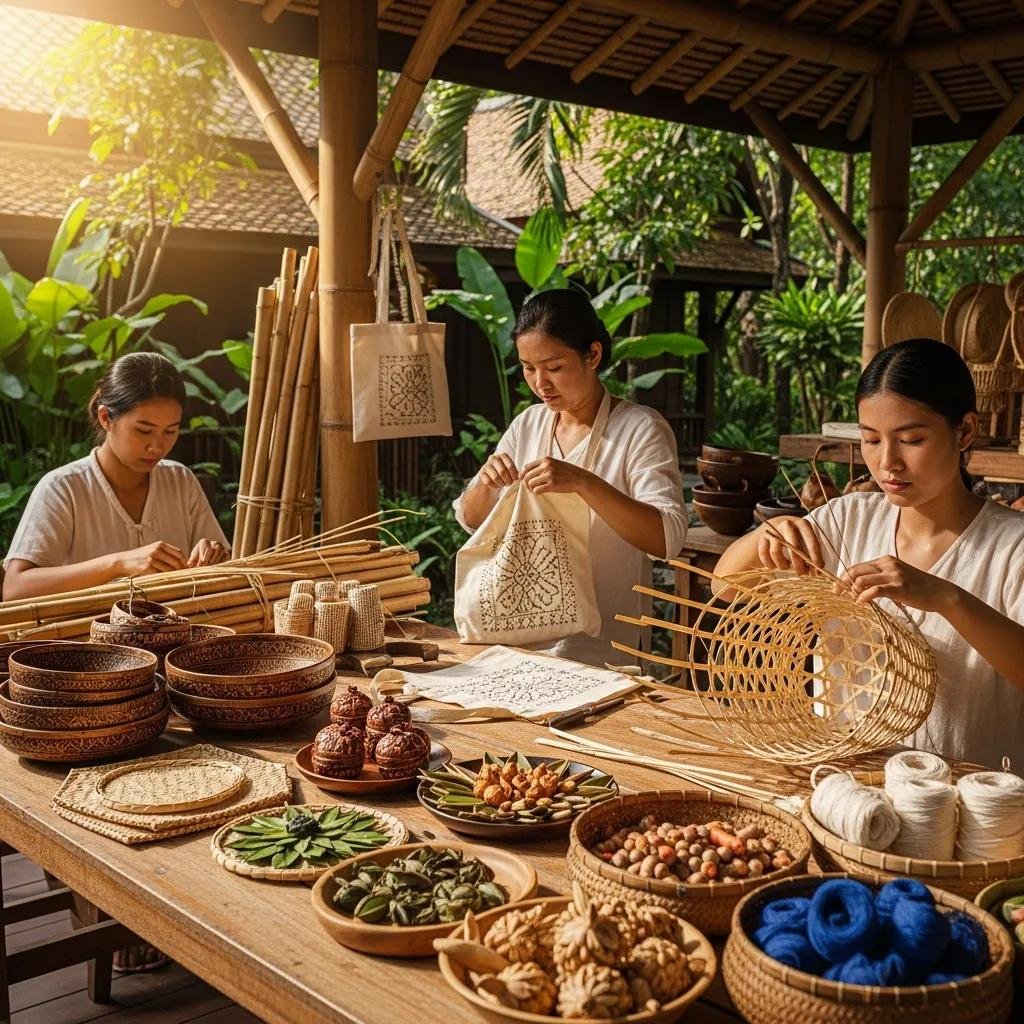 Eco-friendly Thai handicrafts made from natural materials, showcasing sustainable artisan practices