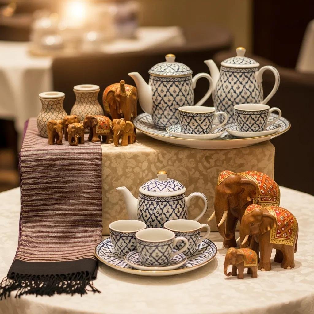 Elegant display of Thai handicrafts for gifting, including silk scarves, ceramic tea sets, and wooden elephants