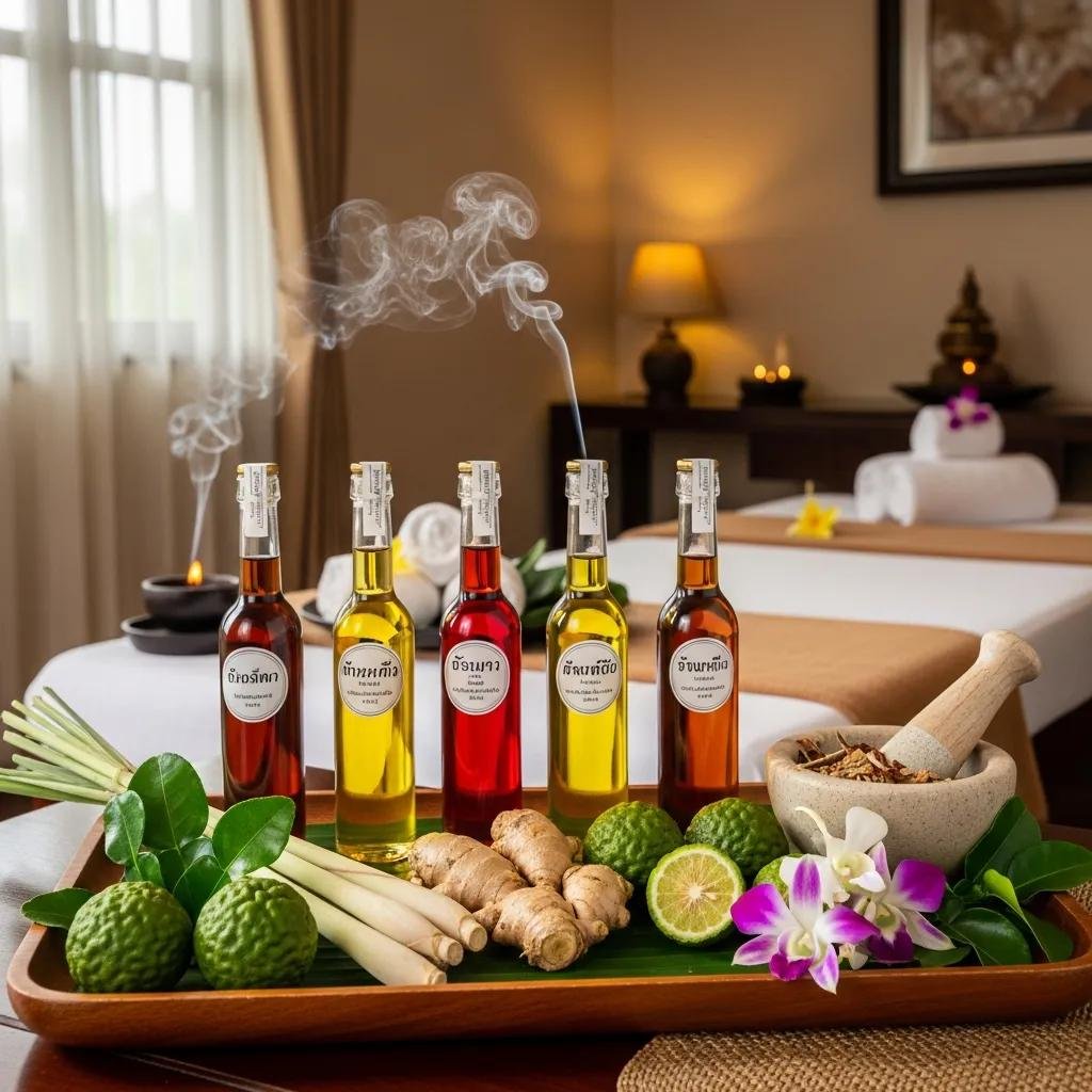 Discover Healing Power of Thai Herbs 4 Elegant display of Thai herbal massage oils with fresh herbs, illustrating their use in relaxation and muscle relief