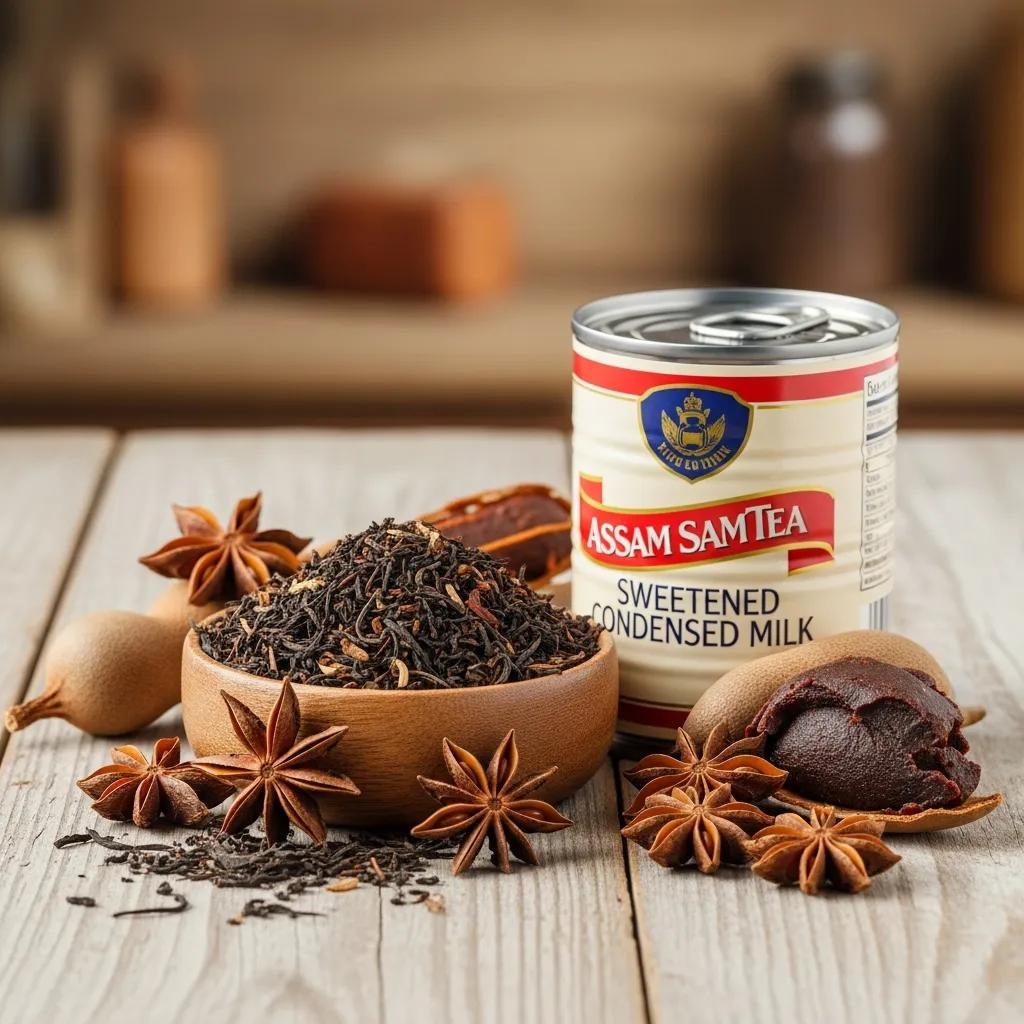 Essential ingredients for authentic Thai tea including black tea leaves, star anise, and condensed milk